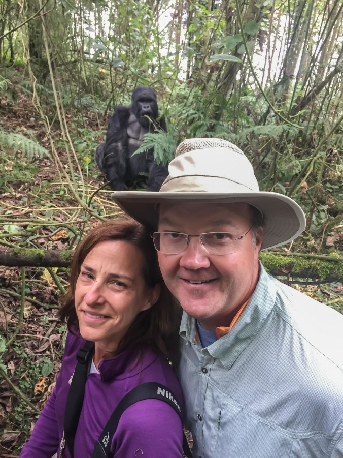 Sarah &amp; Charlie with Karebqro (silverback) in the background