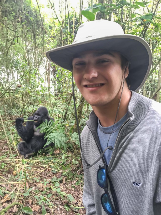 Casey with Karebqro (the silverback) in the background