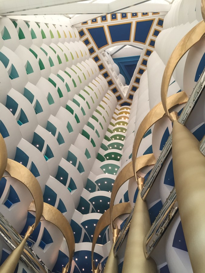 Looking up to the top of the lobby atrium in the Berg Al Arab (a 7 star hotel)