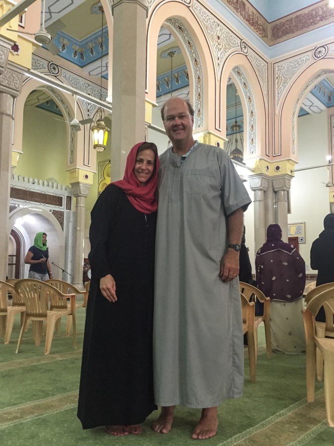 Sarah and Charlie dressed appropriately inside the Jurmeirah Mosque